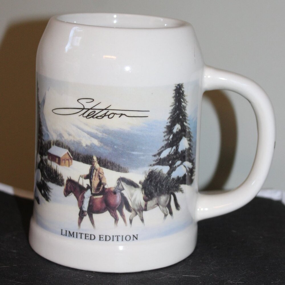 Stetson Beer Stein Mug - Limited Edition 5.5" Tall Winter Horse Cabin Scene